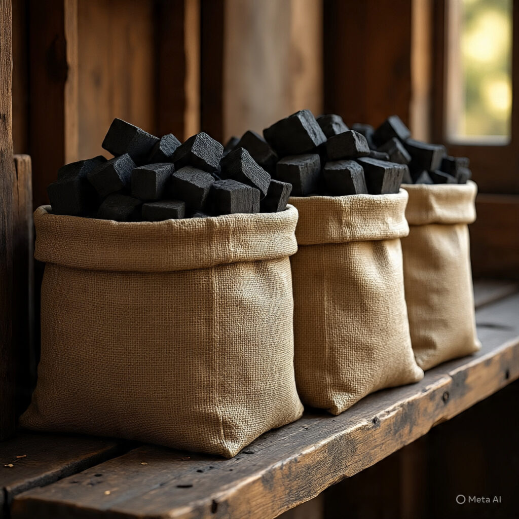 hardwood charcoal in jute bags