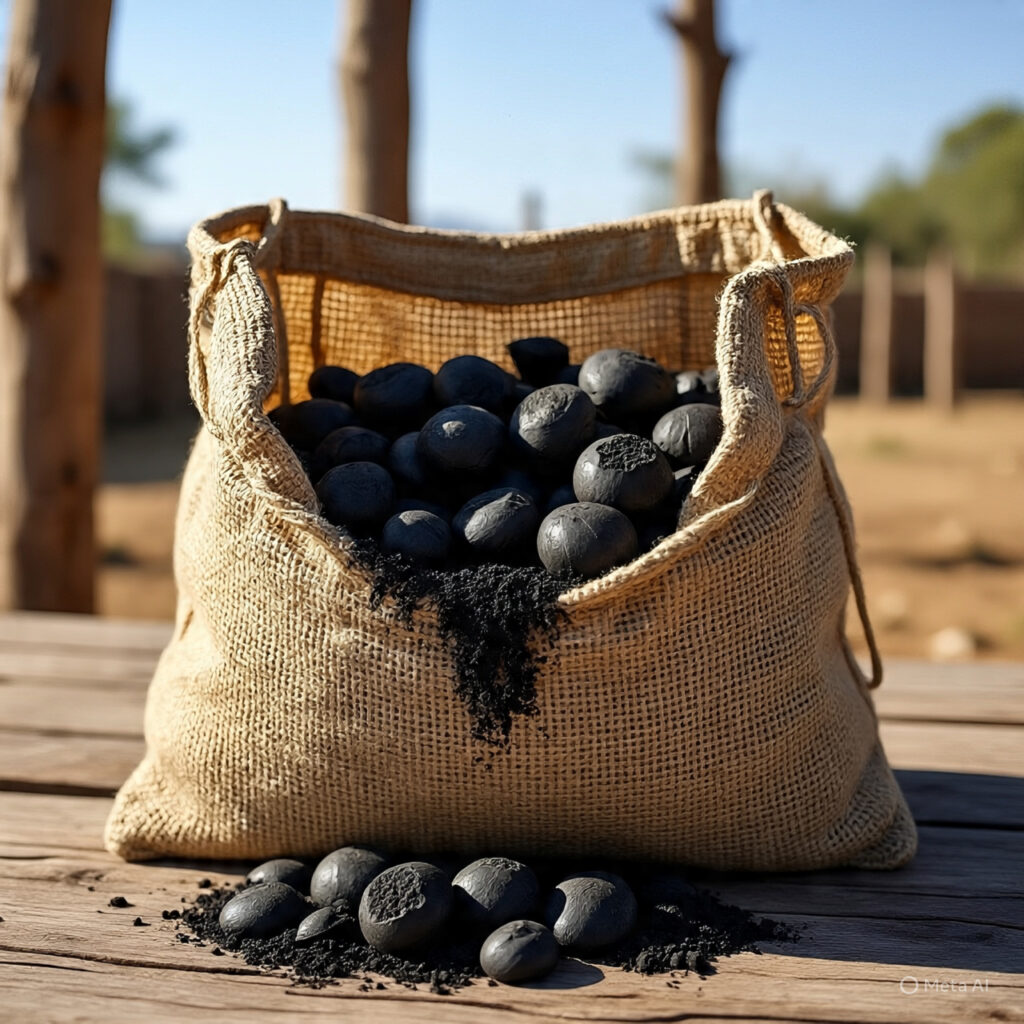 palm kernel shell charcoal in jute bag